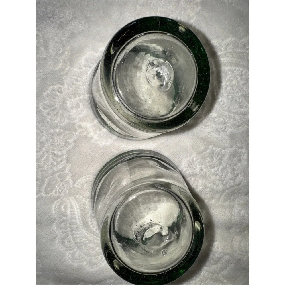 Set 2 Hand Blown Vtg Green Rim Mexican Glasses Old Fashion Rocks Margarita 4